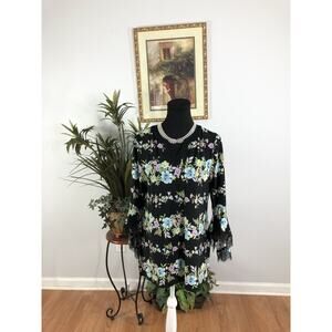 Allison Daley Women Blouse SM Bell Sleeve With Lace Hem Y2K Coastal Beach Boho